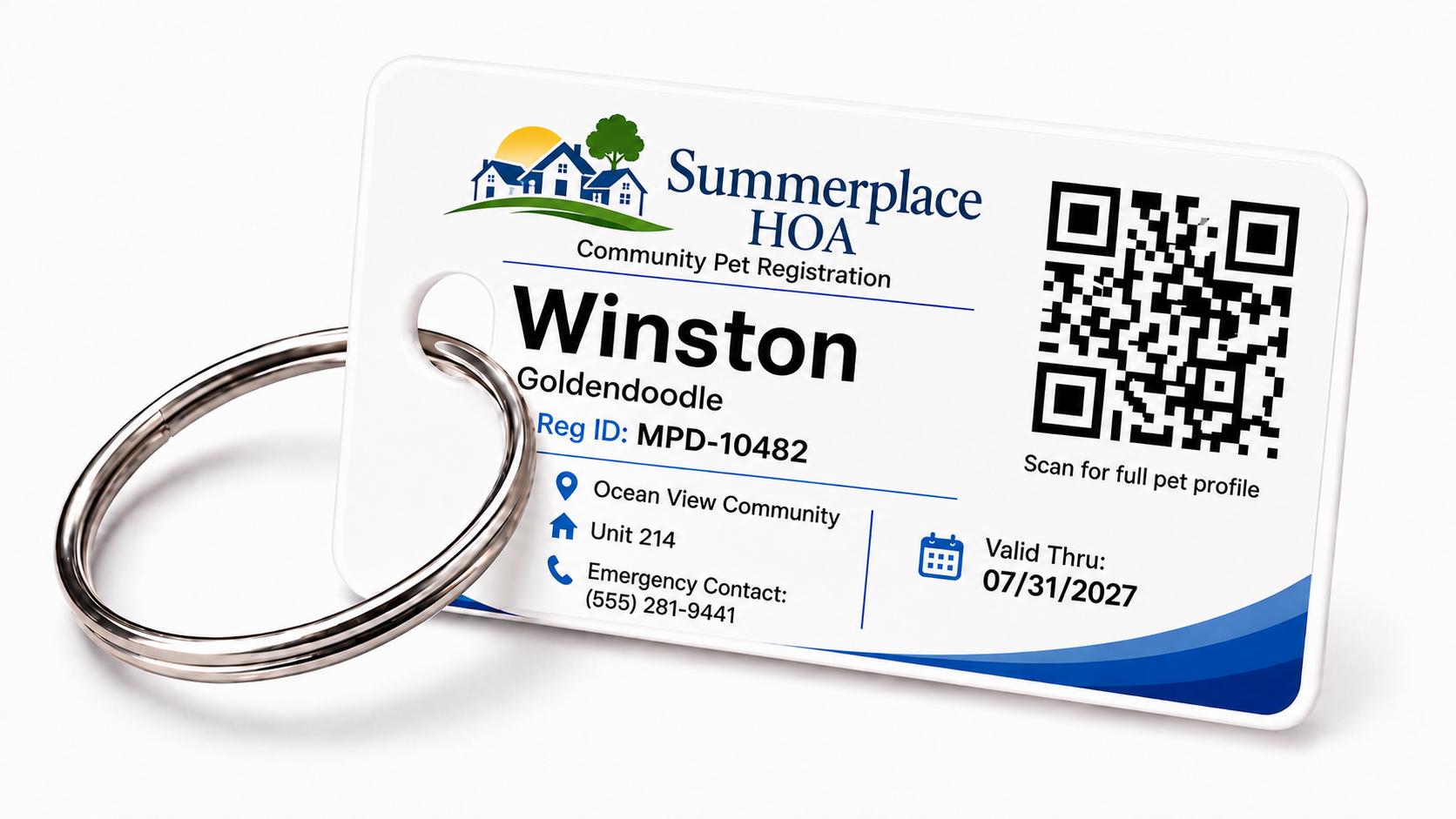Community pet registration tag on a keyring showing HOA branding, pet name, breed, registration ID, community, unit, emergency contact, QR code, and valid-through date