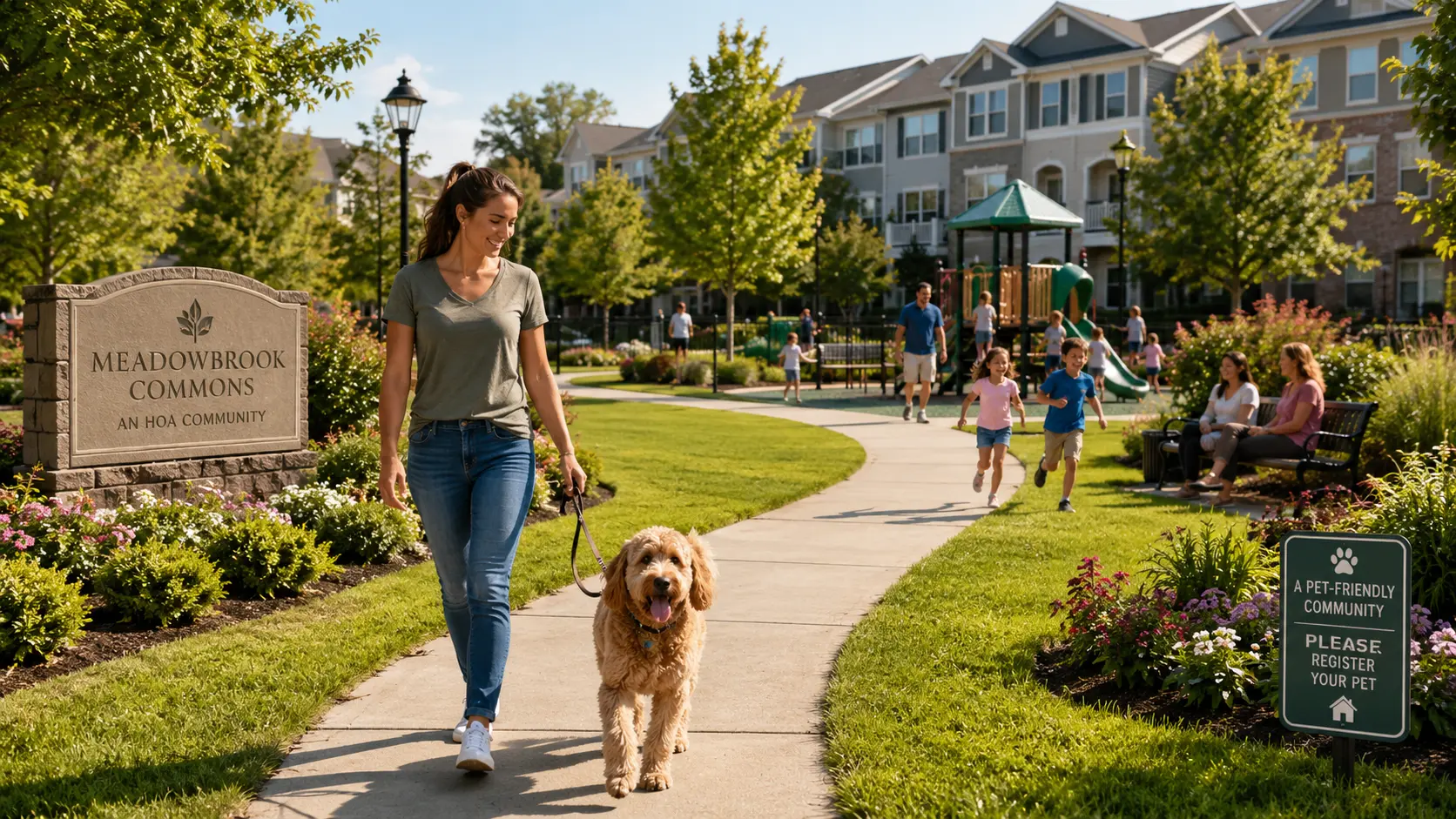 Resident walking a dog past a Meadowbrook Commons HOA community sign with a pet registration notice