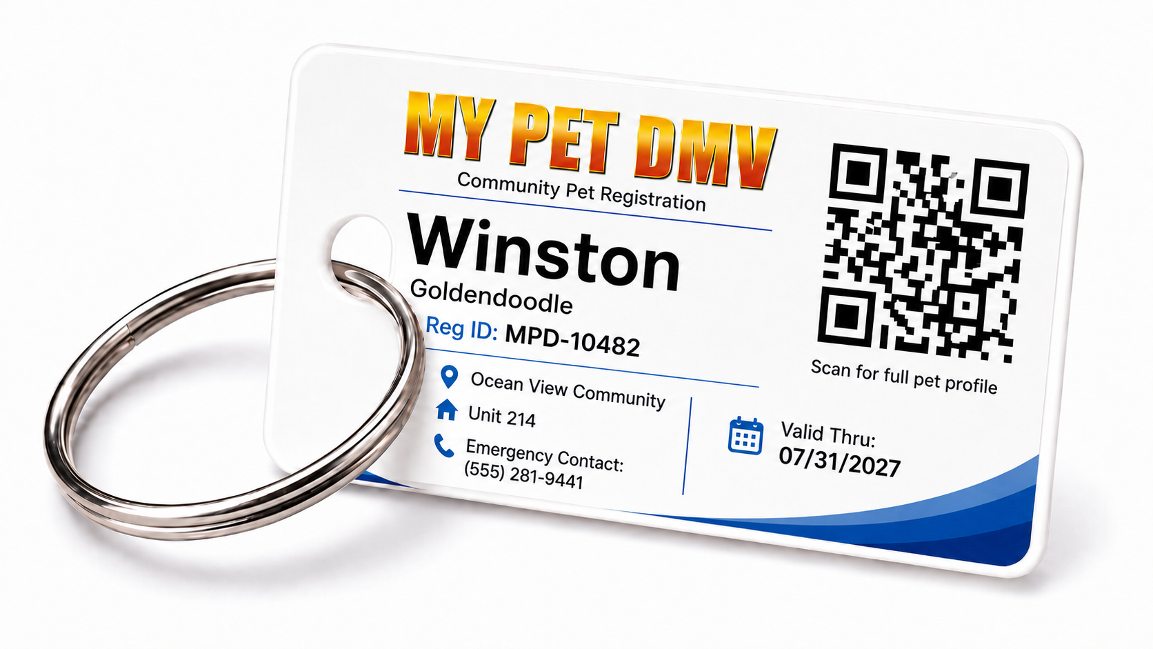 MyPetDMV community pet registration tag on a keyring showing pet name, breed, registration ID, community, unit, emergency contact, QR code, and valid-through date