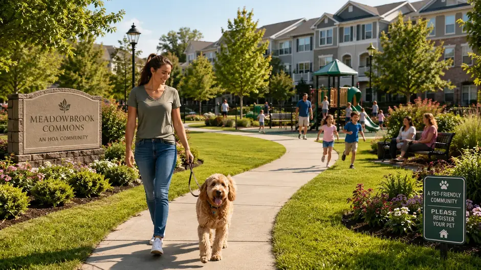 Resident walking a dog past a Meadowbrook Commons HOA community sign with a pet registration notice