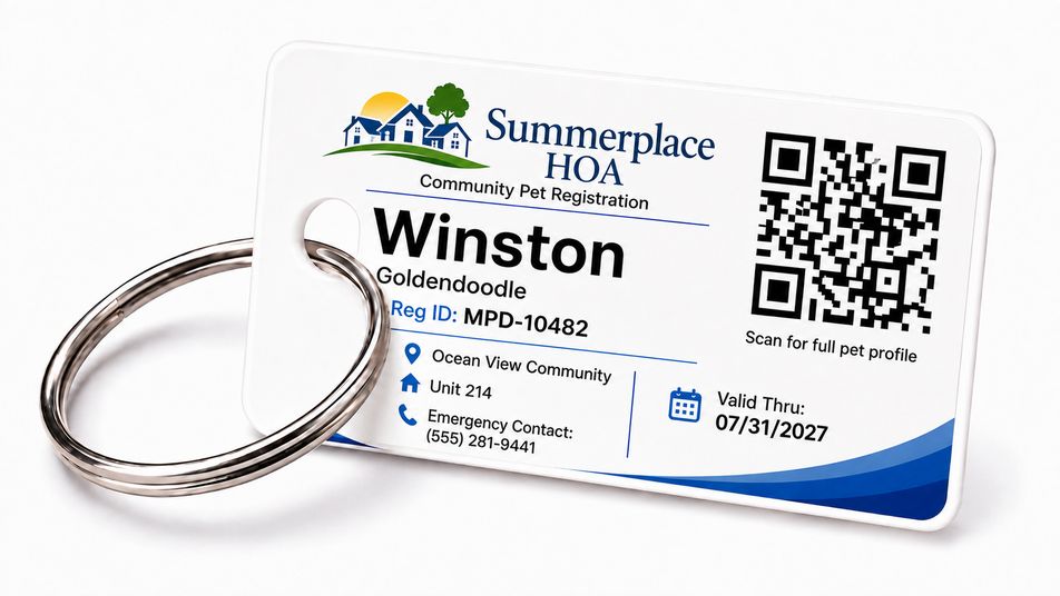 Community pet registration tag on a keyring showing HOA branding, pet name, breed, registration ID, community, unit, emergency contact, QR code, and valid-through date